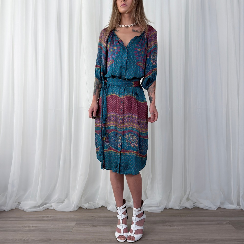 Sundance‎ Women's Small Blue Purple Boho Button Down Midi Dress Belted Pockets